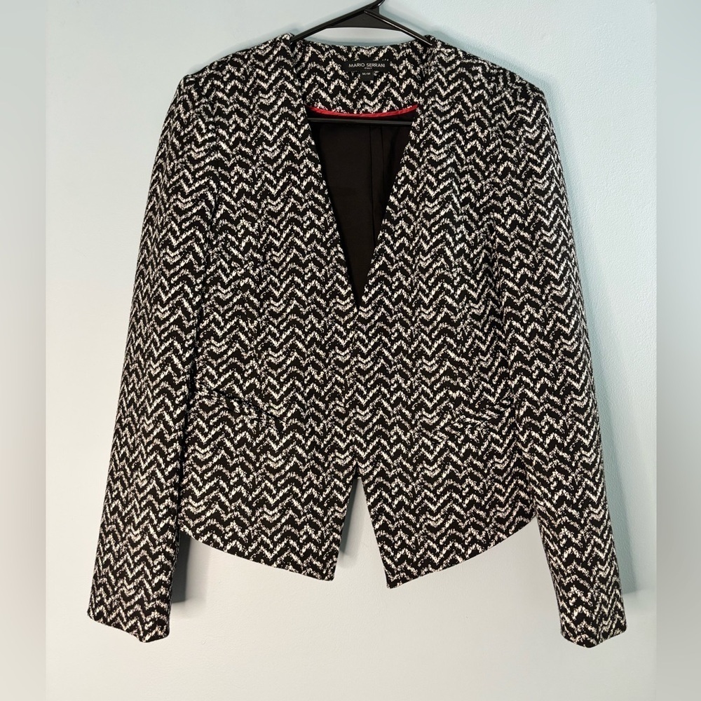 Mario Serrani Italy Open Front Classic Womens Blazer Black White Size Medium